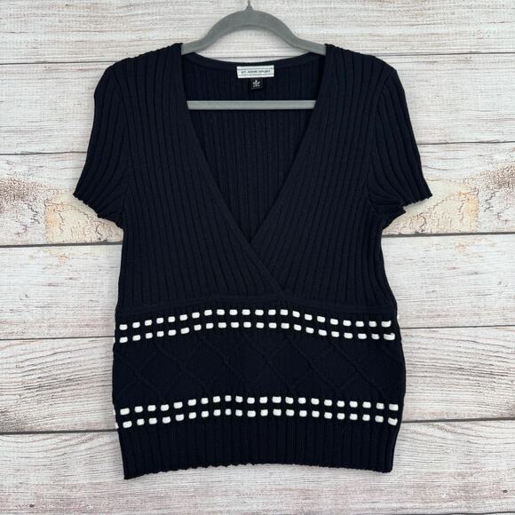 St. John Sport Rib Knit V-Neck Sweater Women's Medium Black/White Short Sleeve - Picture 1 of 12